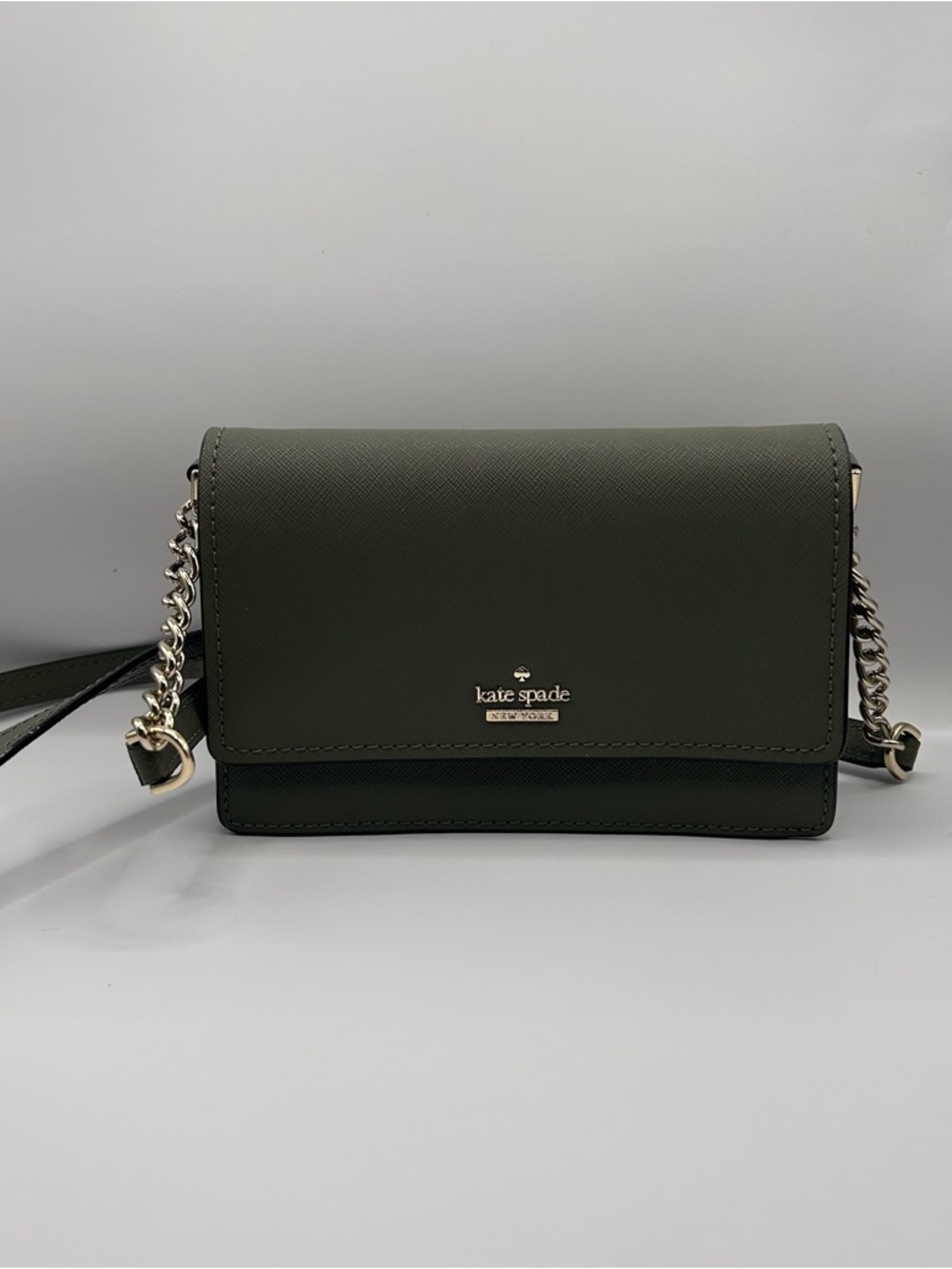 kate spade dark olive green leather crossbody with gold chain